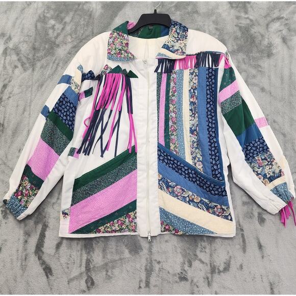 Vintage Quilted Patchwork Suede Fringe Full Zip Jacket Size L White Pink Floral - Picture 1 of 9